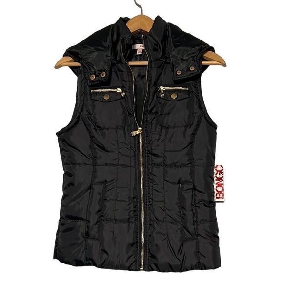 Bongo Puffer Vest Junior's Small Black Gold Hardware Pockets Outerwear NEW - Picture 1 of 12